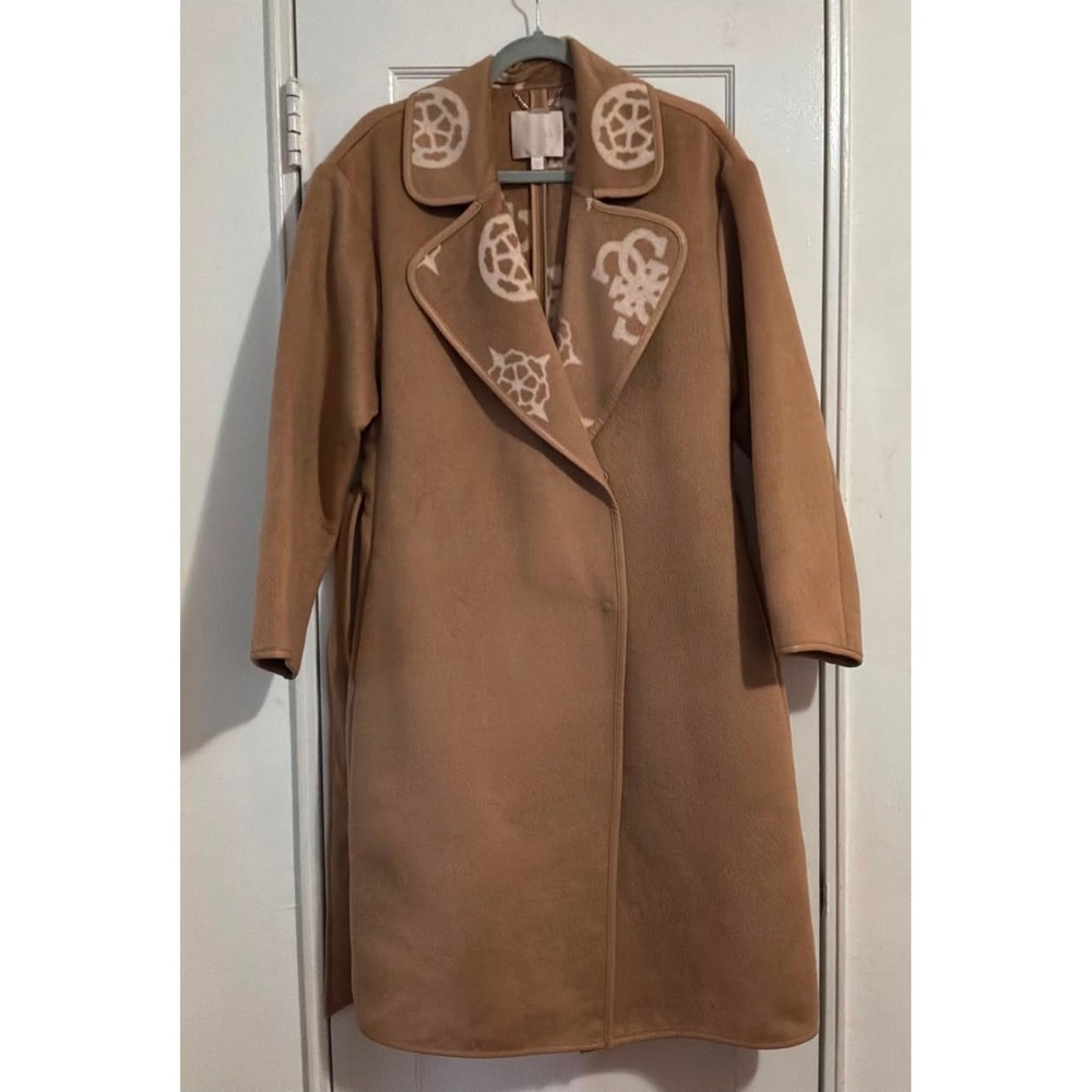 Guess Women Camel Tan Logo Lapel Belted Wrap Coat Small Double Breasted Longline